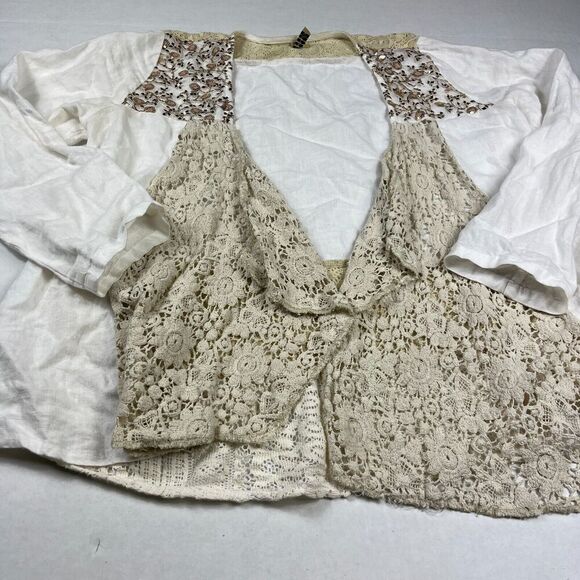 Marilu Womens Linen Blend Jacket White Open Front Lace Sequin Boho SMALL FLAW - Picture 2 of 12